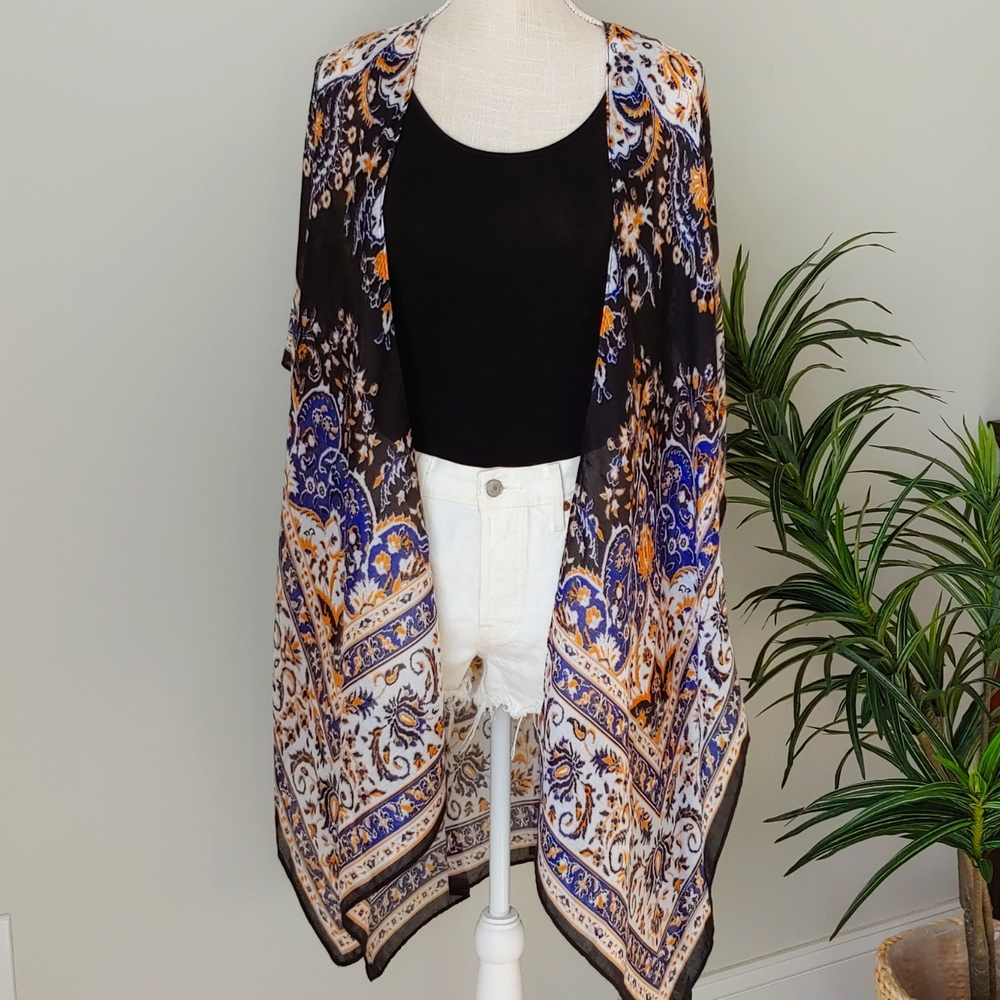 NWT Boho kimono, black/blue, floral motif